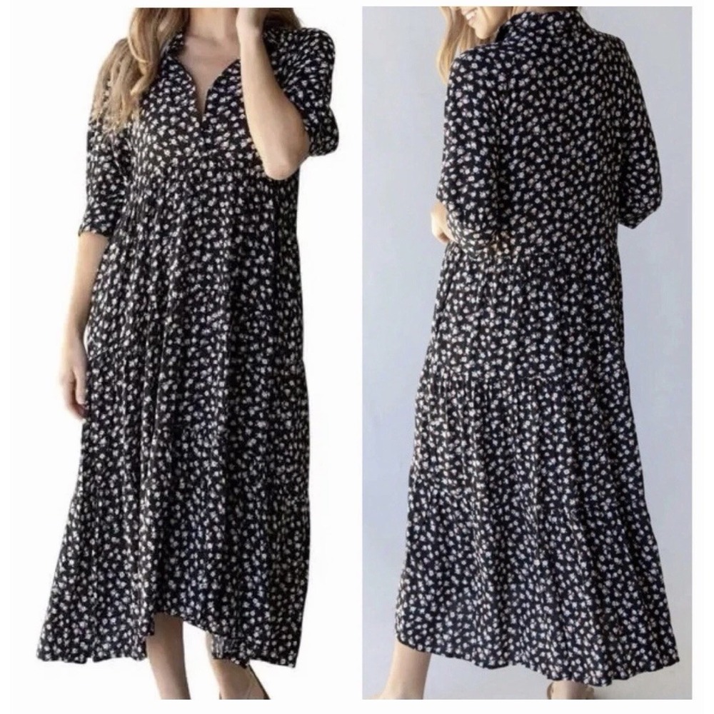 Natural Life Rebecca Ditzy Floral Dress XS Tiered Midi Black Cottage Prairie